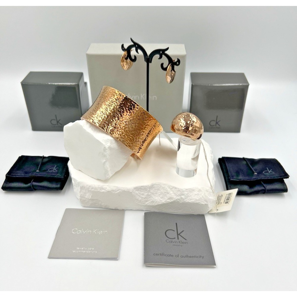 Calvin Klein Dawn Rose Gold Tone SS  Hammered Cuff Bracelet, Ring & Earrings NWT
